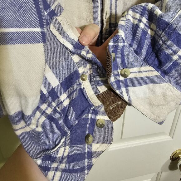 CQR Plaid Flannel Long Sleeve Corduroy Flip Cuff Shirt Blue White Men's Sz XL - Picture 4 of 9